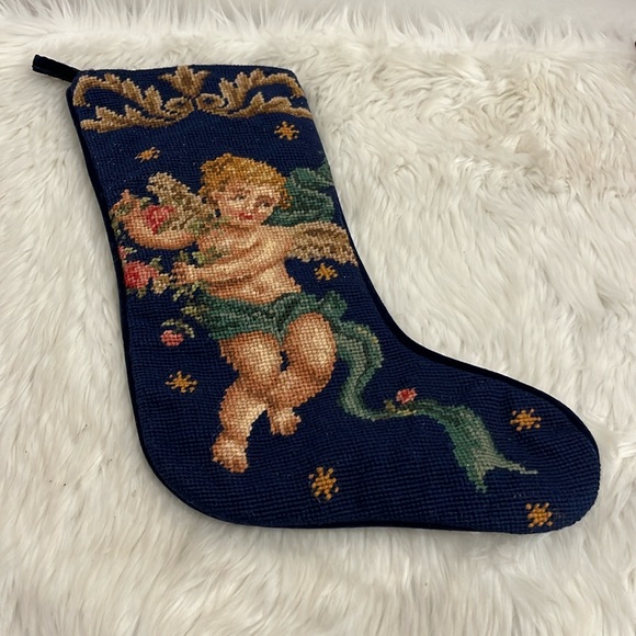Vintage Needlepoint Stocking Cherub Angel Navy Blue Velour Christmas Wool - Picture 1 of 7